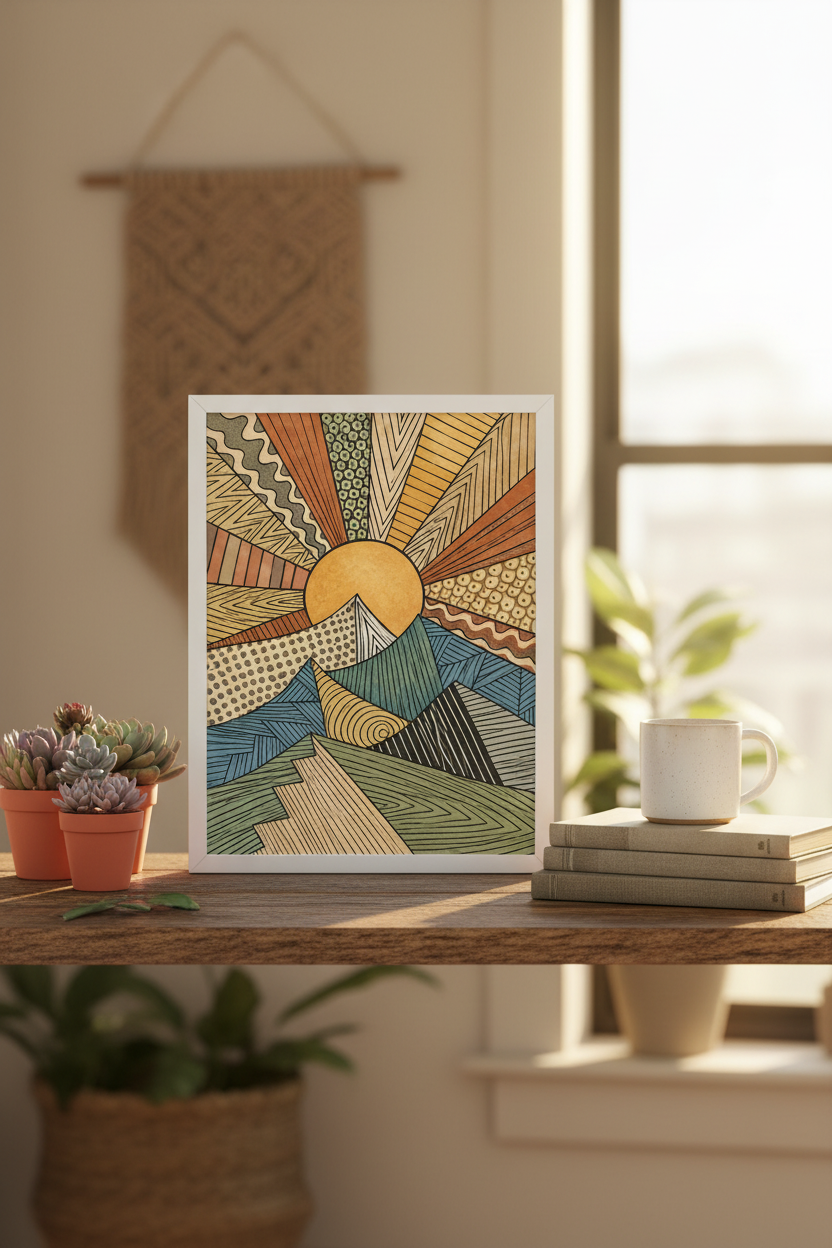 Framed 5x7 geometric mountain sunrise print on a rustic boho desk shelf with succulents and books